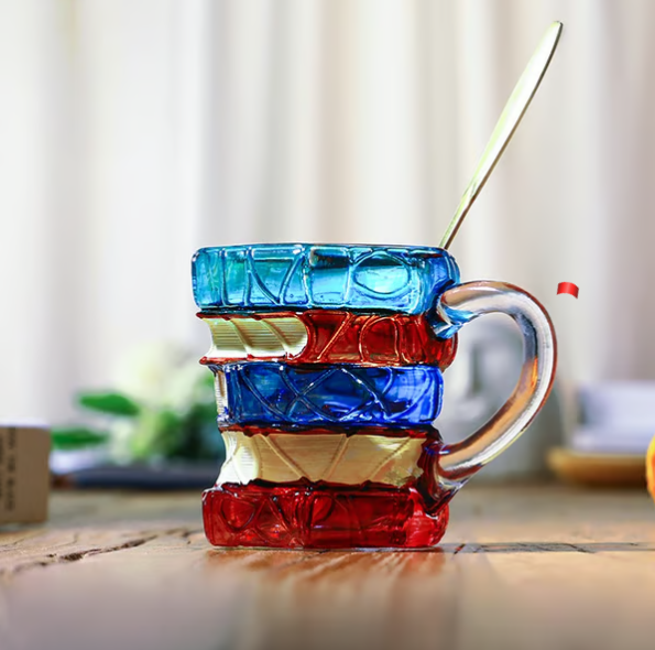 Creative Stacked Book Shaped Color Glass Mug (Literary Retro Style)
