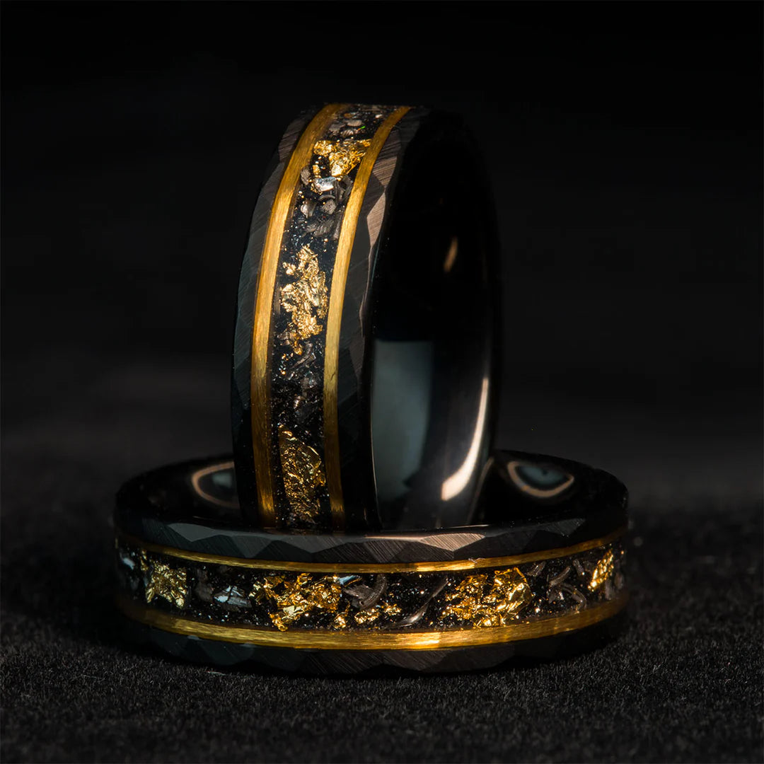 Tungsten Carbide Couple Rings – Hammered Black Rings with Meteorite Inlay