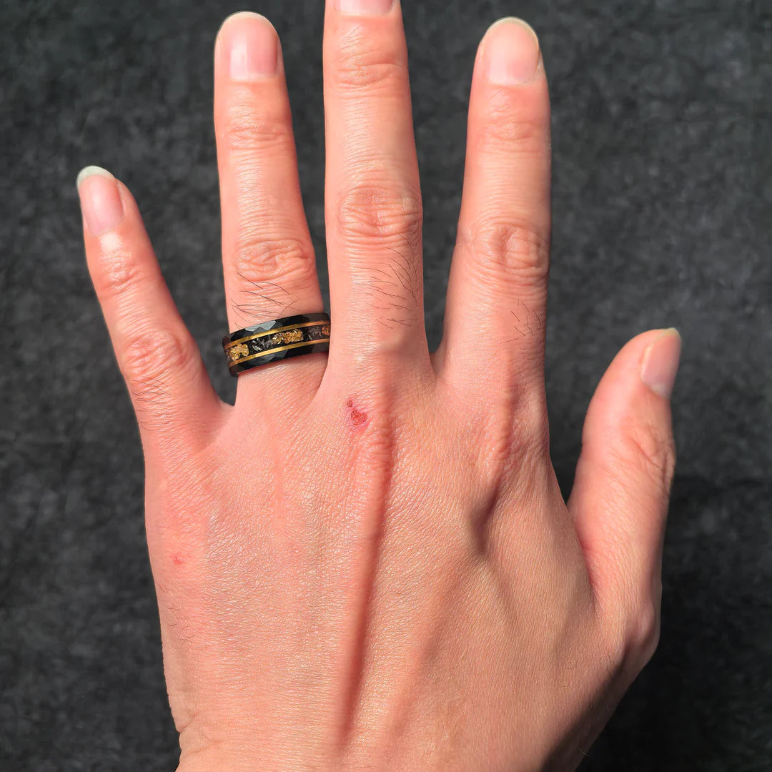 Tungsten Carbide Couple Rings – Hammered Black Rings with Meteorite Inlay