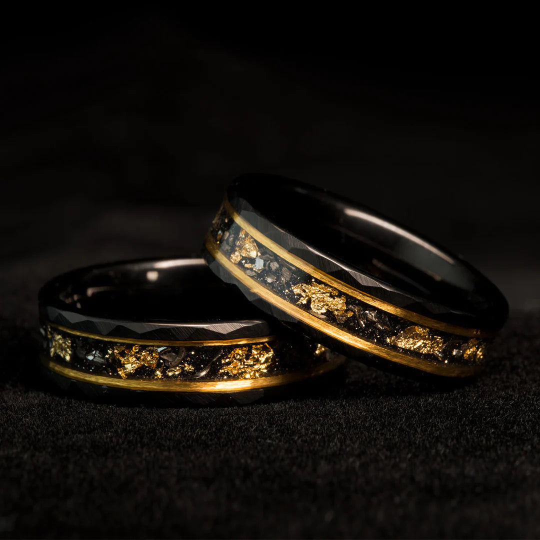 Tungsten Carbide Couple Rings – Hammered Black Rings with Meteorite Inlay