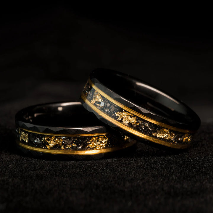Tungsten Carbide Couple Rings – Hammered Black Rings with Meteorite Inlay
