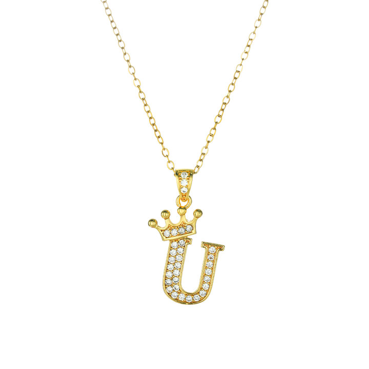 Crown Paved Diamond Initial Letter Necklace, 14K Gold Plated Personalized Dainty Chain, A-Z Available