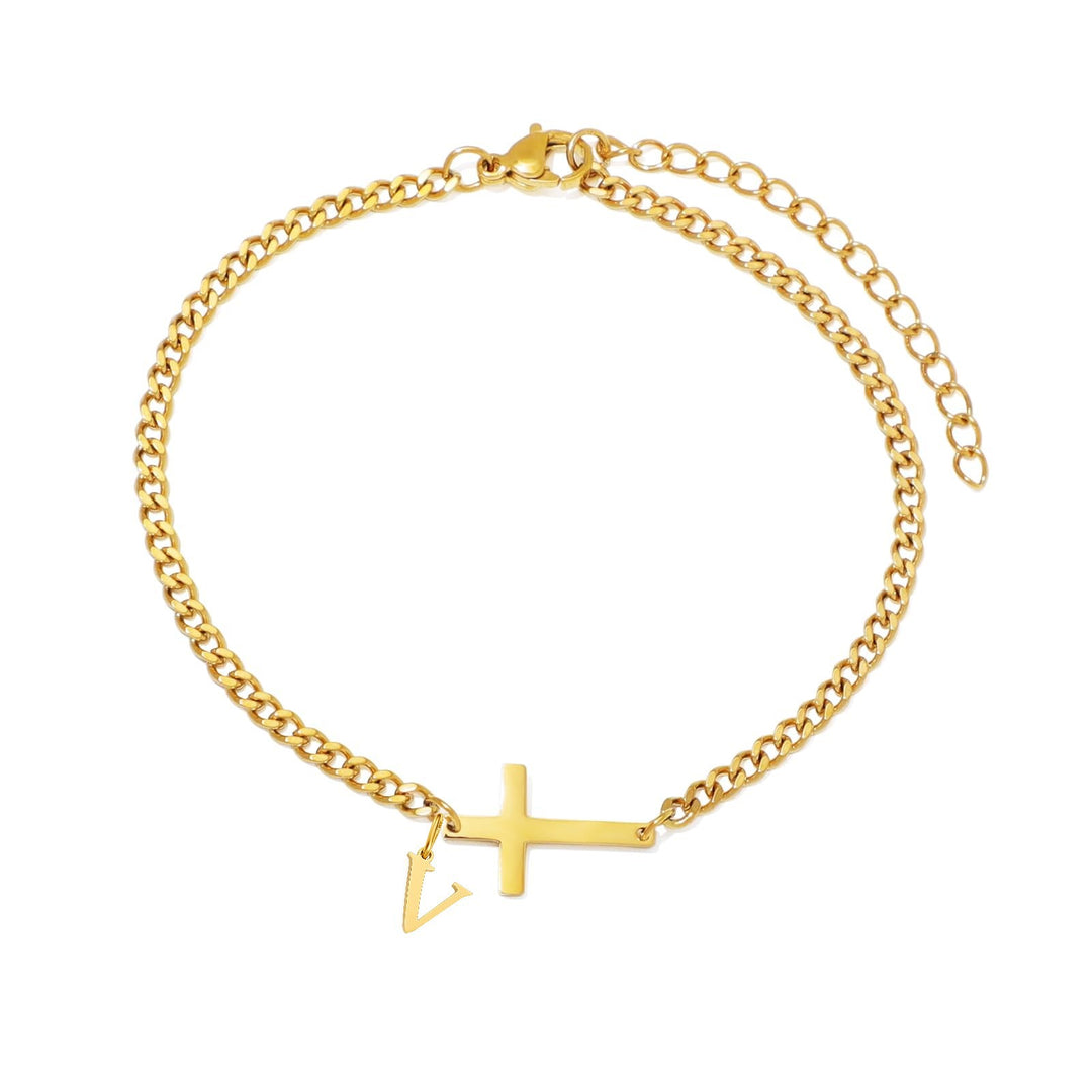 Unisex Stainless Steel 18K Gold Cross & Alphabet Bracelet