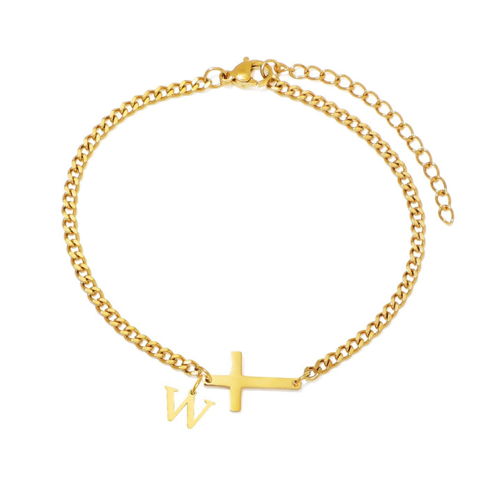 Unisex Stainless Steel 18K Gold Cross & Alphabet Bracelet