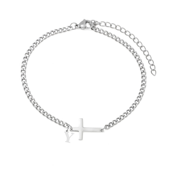 Unisex Stainless Steel 18K Gold Cross & Alphabet Bracelet
