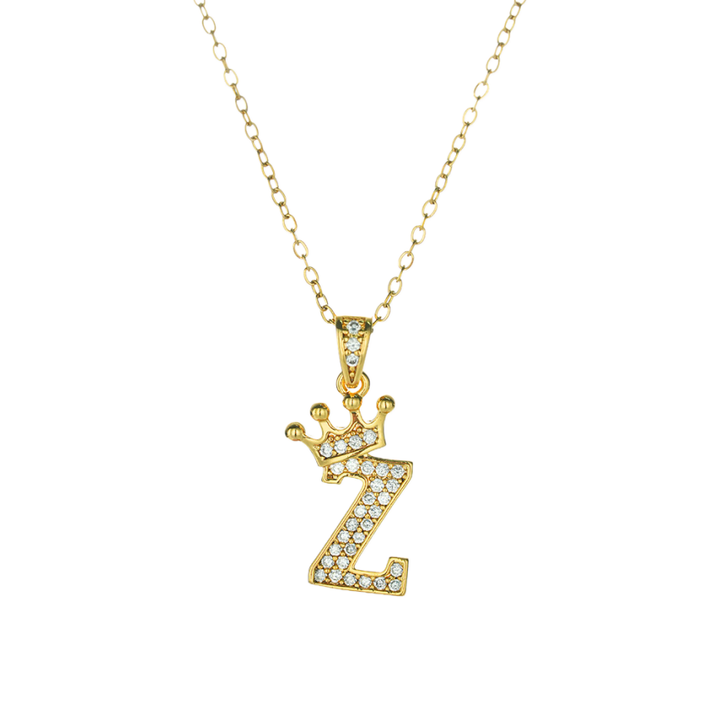 Crown Paved Diamond Initial Letter Necklace, 14K Gold Plated Personalized Dainty Chain, A-Z Available