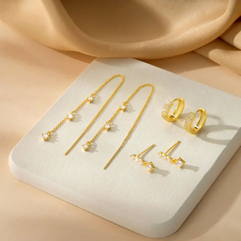 Luxury 3-Piece Diamond Earring Set, Paved Wide Hoops + Linear Square Drop Studs + Multi-Stone Threader Earrings Gold & Silver Jewelry Kit