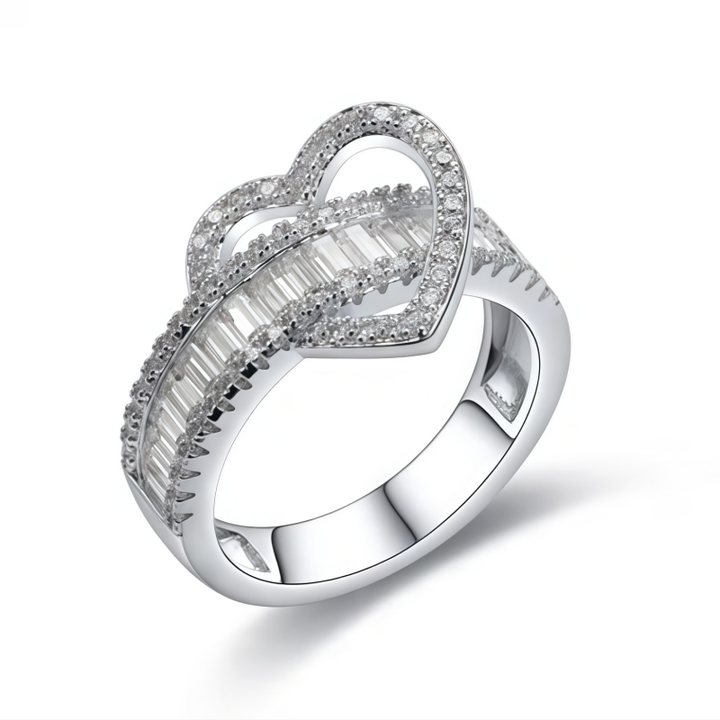 Heart Shaped Baguette Diamond Intertwined Ring (Light Luxury Personalized Romantic Style)