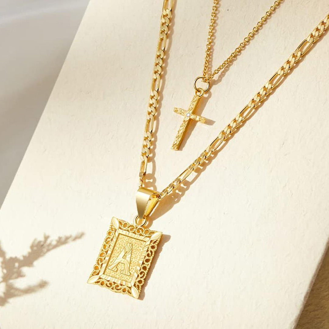 Vintage Engraved Initial Tag & Cross Layered Necklace (Personalized Light Luxury Street Style)