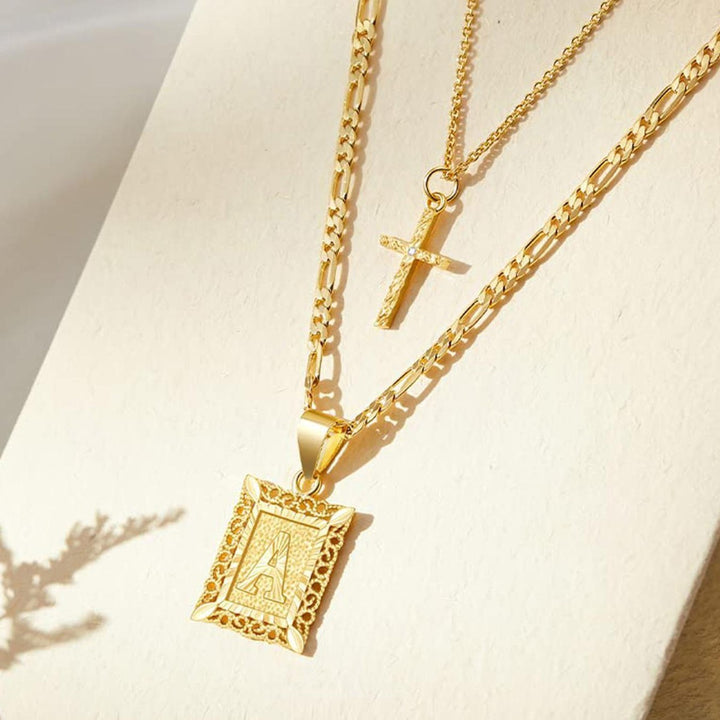 Vintage Engraved Initial Tag & Cross Layered Necklace (Personalized Light Luxury Street Style)