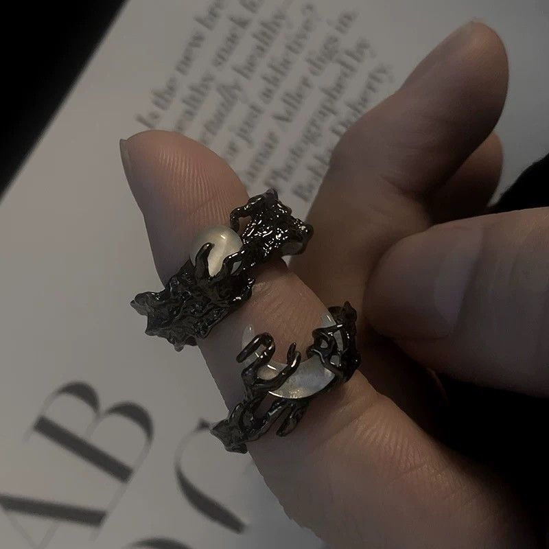 Goth Black & Silver & Moon Adjustable Couple Rings