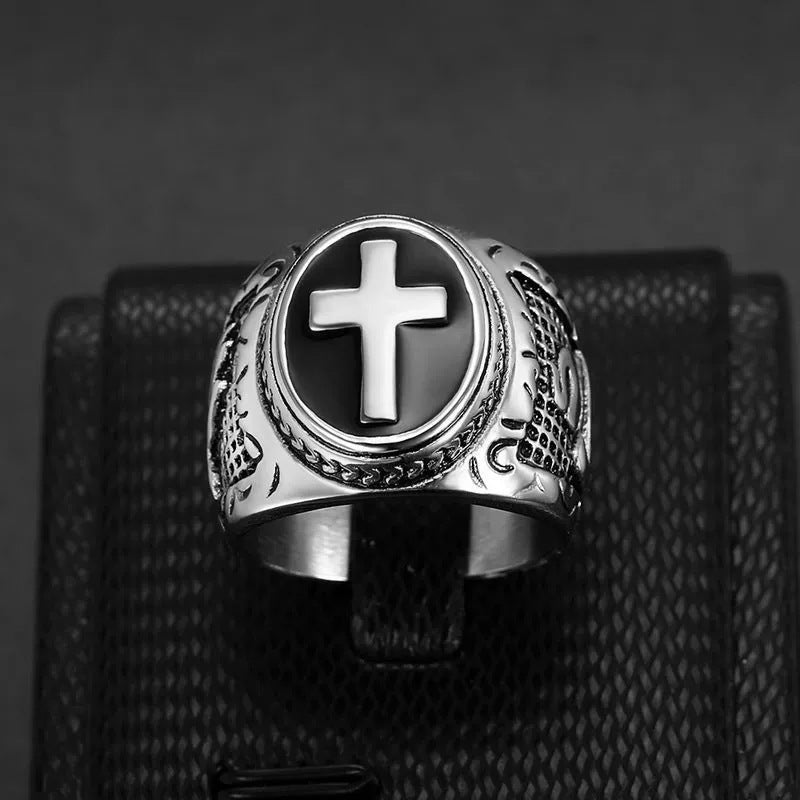 Titanium Steel Cross Pattern Carved Ring (Christian Cultural Retro Style)
