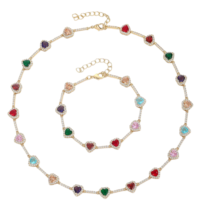 Rainbow Heart Diamond Choker & Bracelet Set (Dopamine Sweet-Cool Vibe Style)