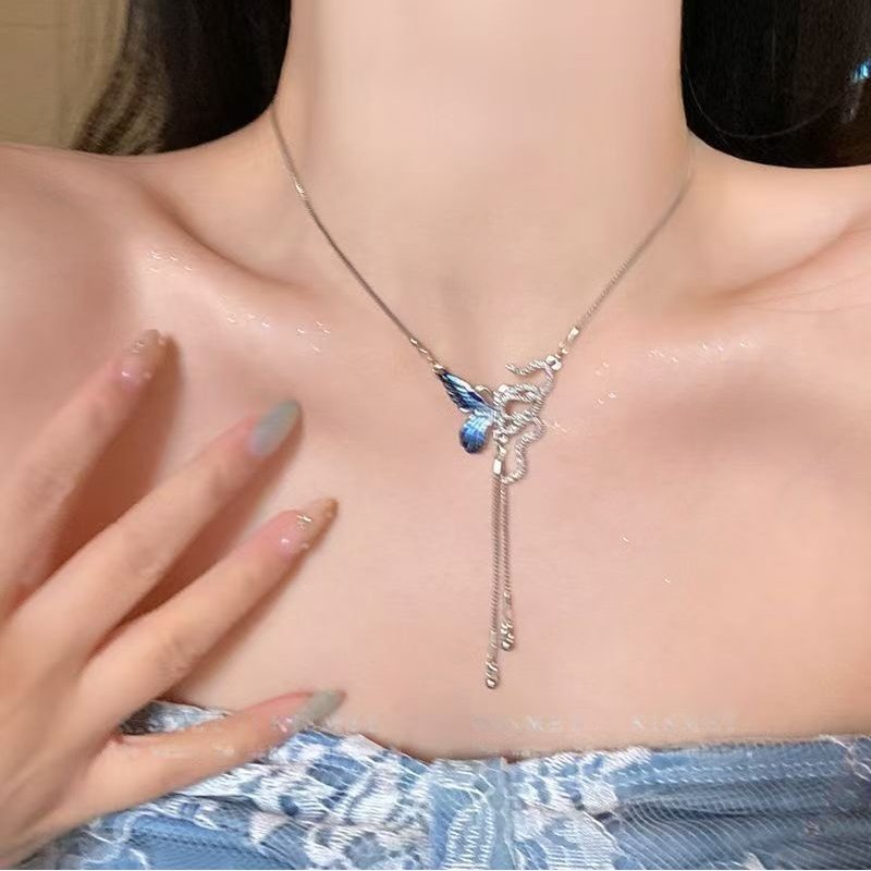 Snake & Butterfly Tassel Necklace (Two-Tone Delicate Choker)