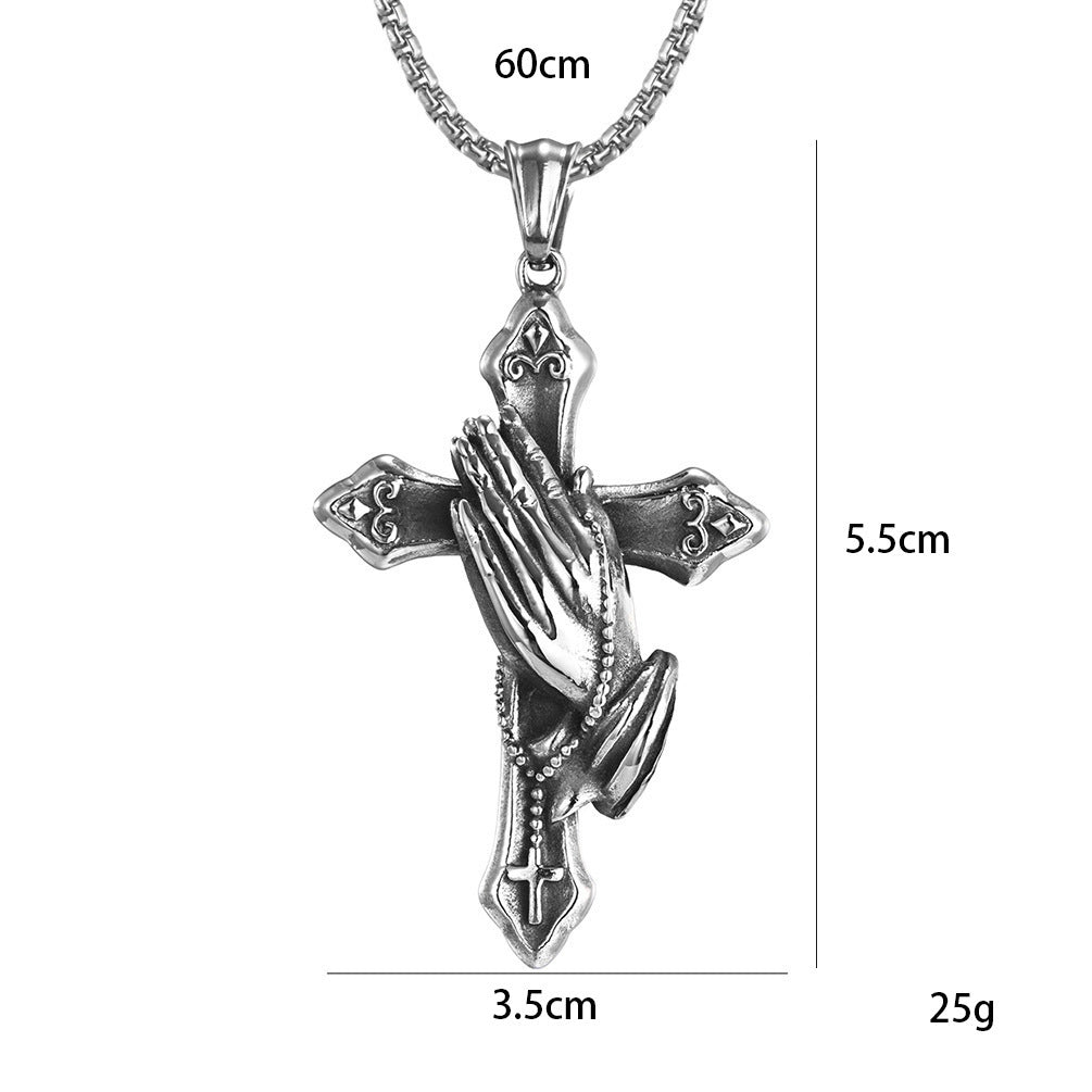 Titanium Steel Praying Hands Cross Necklace (Faith Retro Hardcore Style)