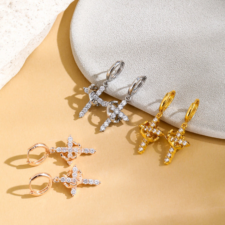Rotatable Crown Cross Diamond Earrings