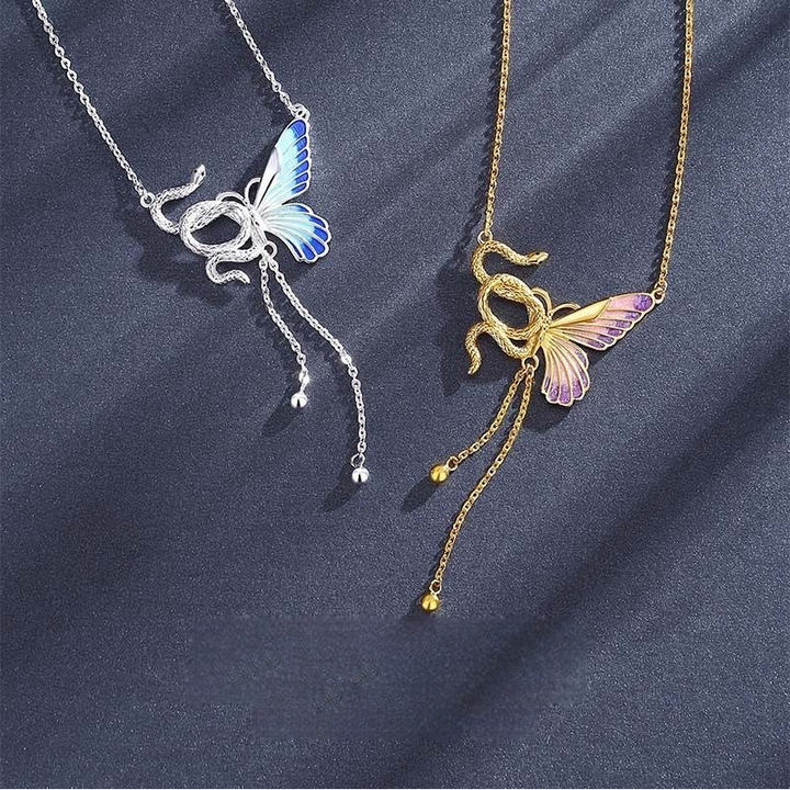 Snake & Butterfly Tassel Necklace (Two-Tone Delicate Choker)