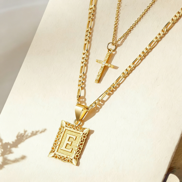 Vintage Engraved Initial Tag & Cross Layered Necklace (Personalized Light Luxury Street Style)