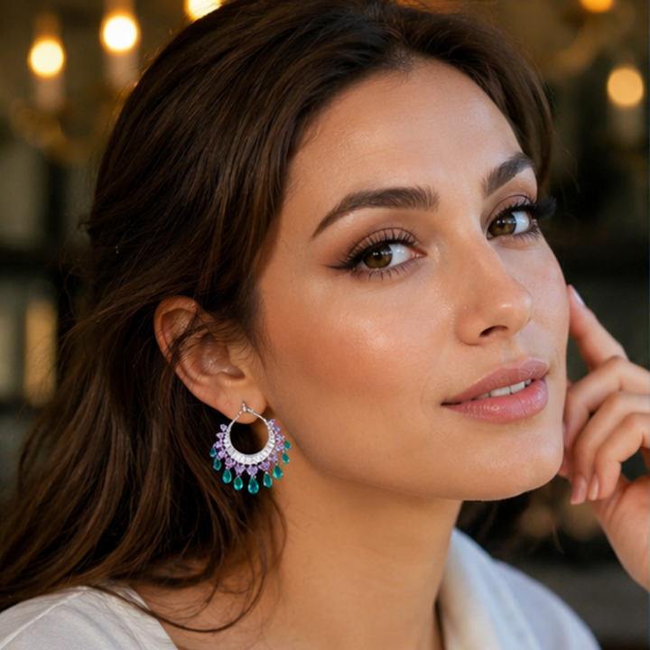 Heavy Craft Gem Crescent Teardrop Dangle Hoop Earrings, Full Paved Multi-Layer Tassel Click Hoop, Luxury Stage Banquet Formal Jewelry