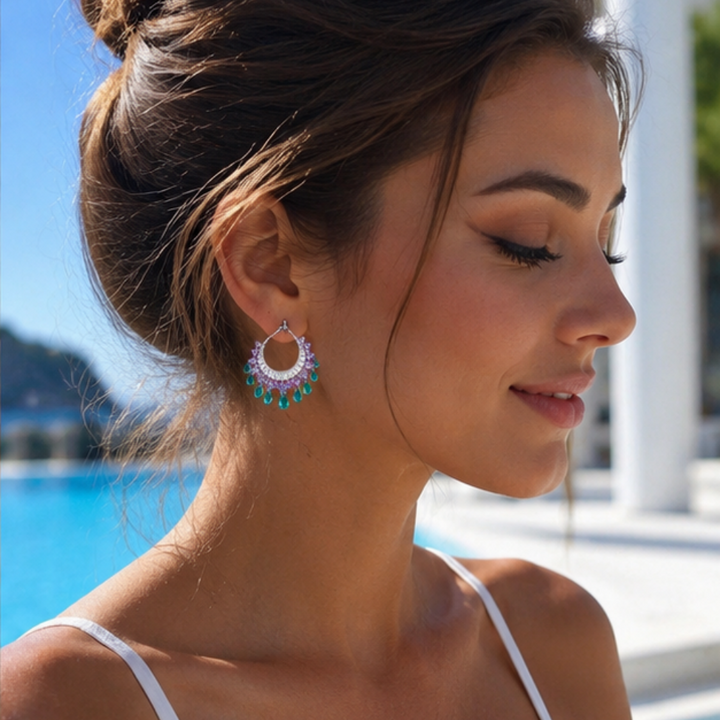 Heavy Craft Gem Crescent Teardrop Dangle Hoop Earrings, Full Paved Multi-Layer Tassel Click Hoop, Luxury Stage Banquet Formal Jewelry