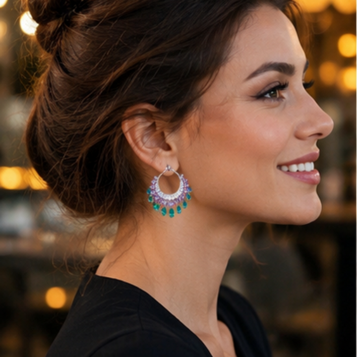 Heavy Craft Gem Crescent Teardrop Dangle Hoop Earrings, Full Paved Multi-Layer Tassel Click Hoop, Luxury Stage Banquet Formal Jewelry