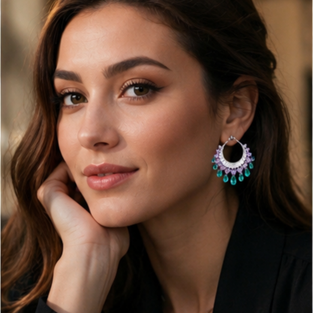 Heavy Craft Gem Crescent Teardrop Dangle Hoop Earrings, Full Paved Multi-Layer Tassel Click Hoop, Luxury Stage Banquet Formal Jewelry