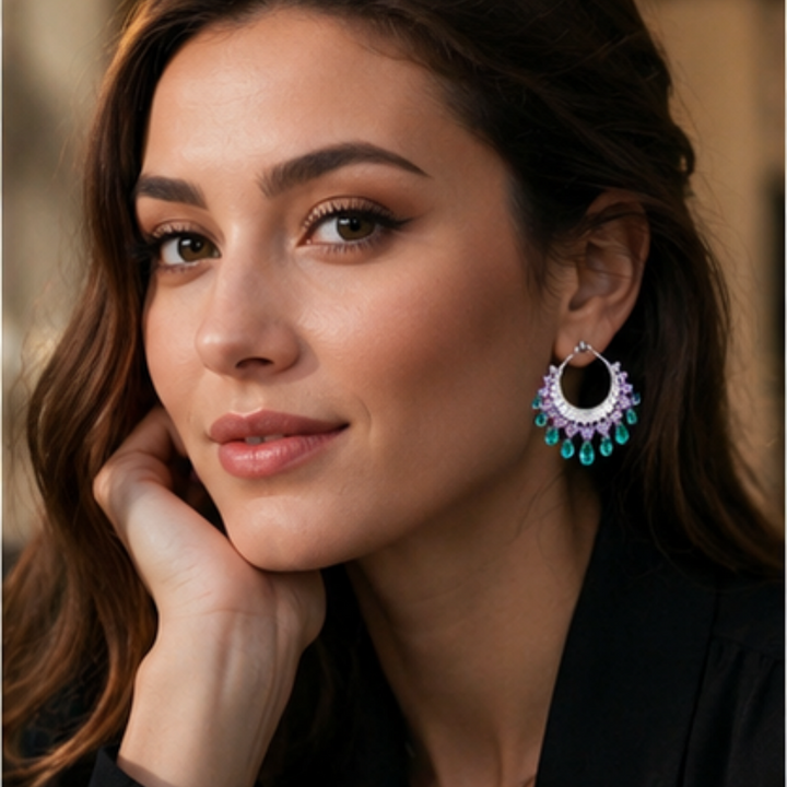 Heavy Craft Gem Crescent Teardrop Dangle Hoop Earrings, Full Paved Multi-Layer Tassel Click Hoop, Luxury Stage Banquet Formal Jewelry