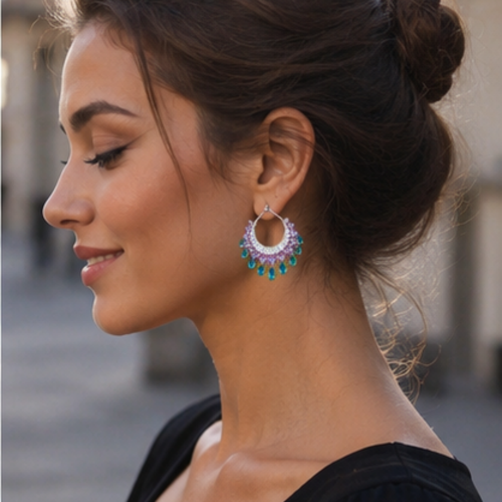 Heavy Craft Gem Crescent Teardrop Dangle Hoop Earrings, Full Paved Multi-Layer Tassel Click Hoop, Luxury Stage Banquet Formal Jewelry