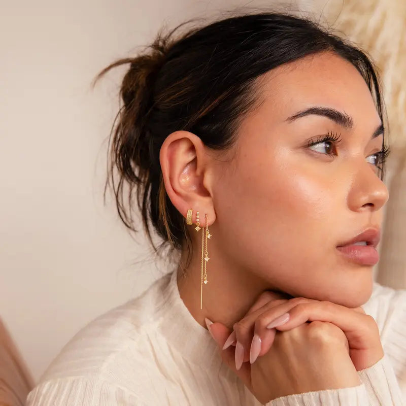 Luxury 3-Piece Diamond Earring Set, Paved Wide Hoops + Linear Square Drop Studs + Multi-Stone Threader Earrings Gold & Silver Jewelry Kit