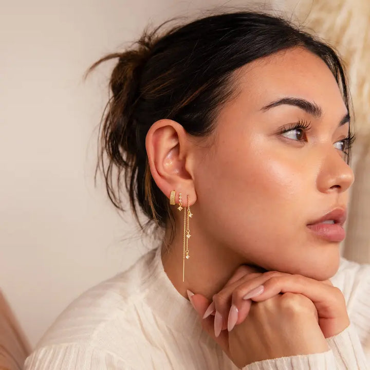 Luxury 3-Piece Diamond Earring Set, Paved Wide Hoops + Linear Square Drop Studs + Multi-Stone Threader Earrings Gold & Silver Jewelry Kit
