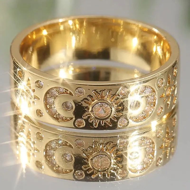 Sun Moon Star 3Pcs Ring Set, Crown V-Shape Vintage Engraved Stacking Bands Gold Silver Bridal Ring Set