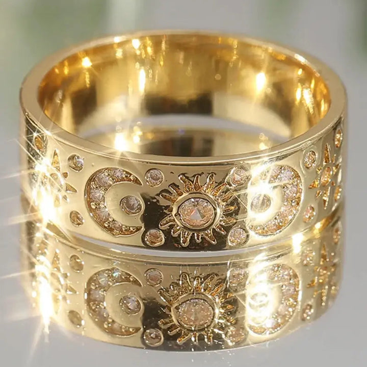 Sun Moon Star 3Pcs Ring Set, Crown V-Shape Vintage Engraved Stacking Bands Gold Silver Bridal Ring Set