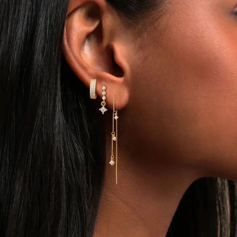 Luxury 3-Piece Diamond Earring Set, Paved Wide Hoops + Linear Square Drop Studs + Multi-Stone Threader Earrings Gold & Silver Jewelry Kit