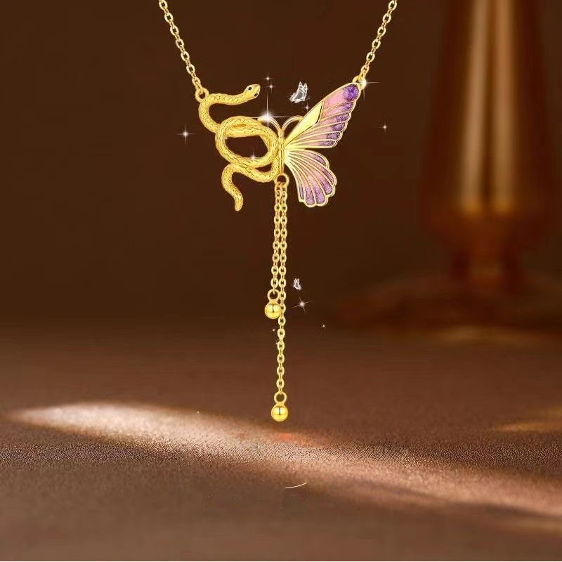 Snake & Butterfly Tassel Necklace (Two-Tone Delicate Choker)