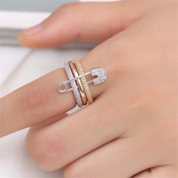 Full-Diamond Safety Pin Triple-Layer Stacking Ring (Edgy Light Luxury Style Series)