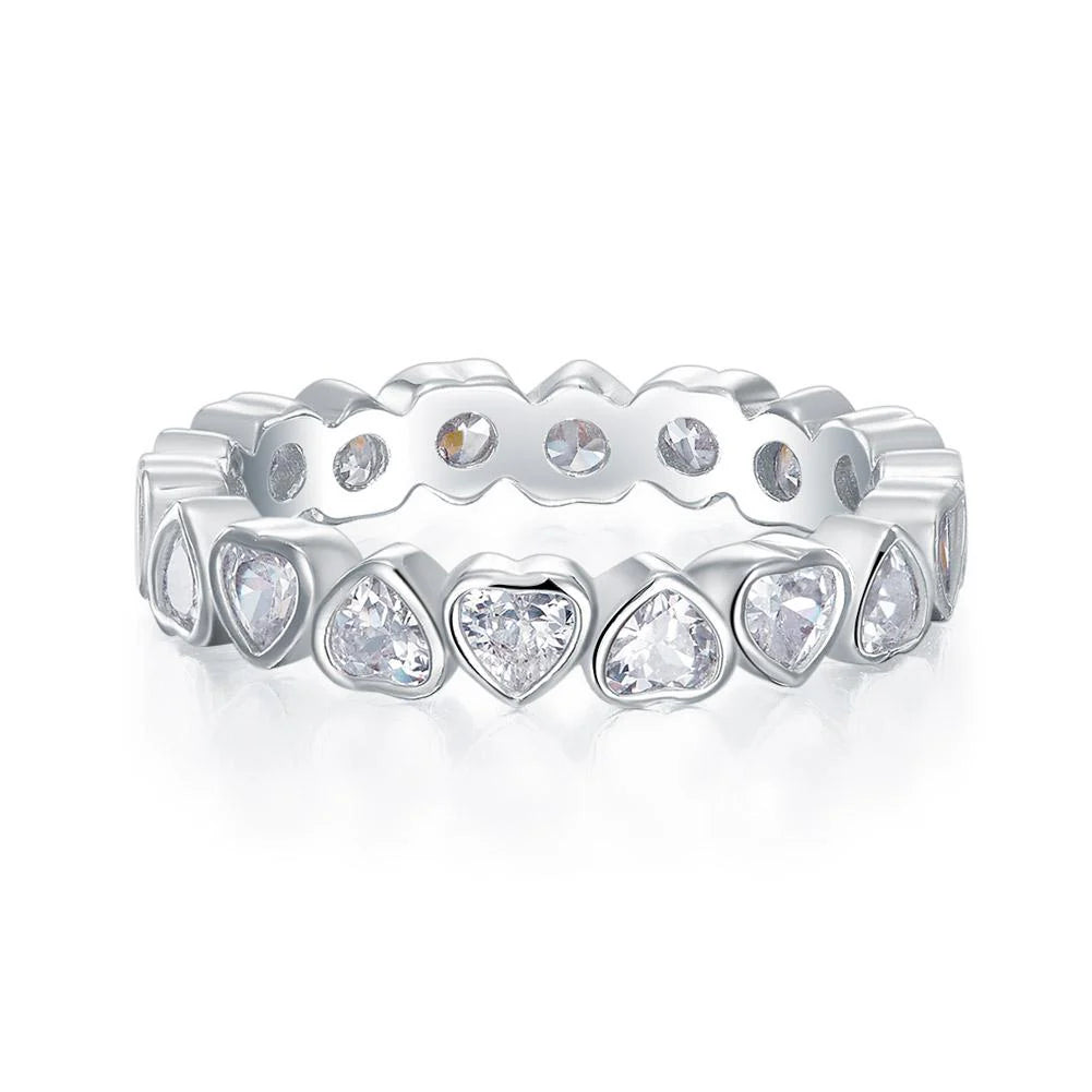Full Eternity Heart Bezel Set Ring, Continuous Heart Shape All Around Diamond Band Gold Silver Romantic Stacking Jewelry For Women