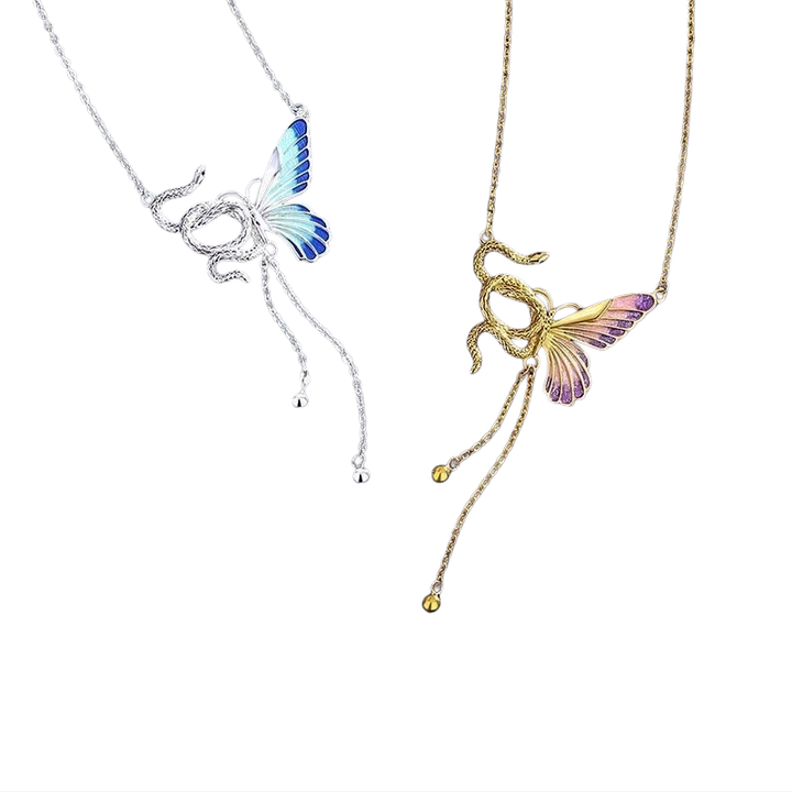 Snake & Butterfly Tassel Necklace (Two-Tone Delicate Choker)