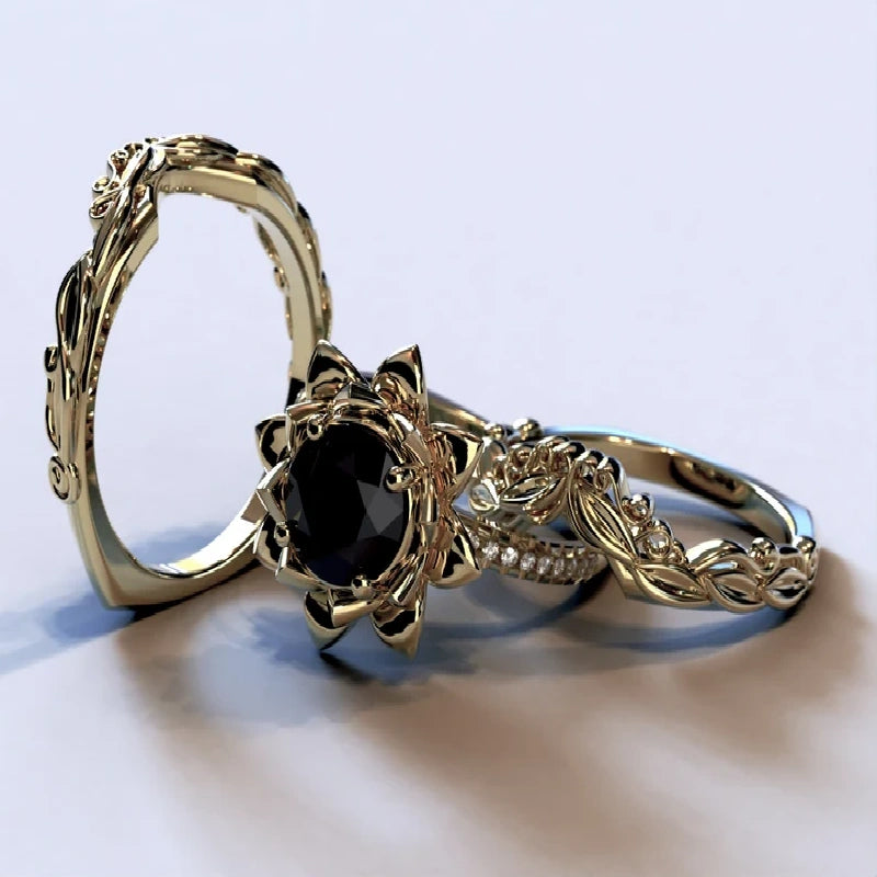 Rose Black Diamond 3-Piece Ring Set