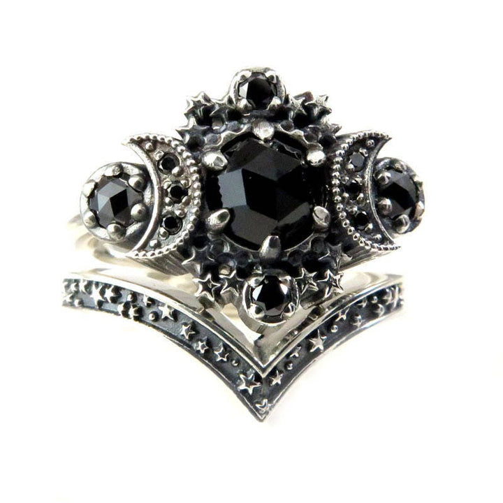Gothic Moon-Star Double-Layer Ring Set (Dark Mysterious Colored Stone Version)