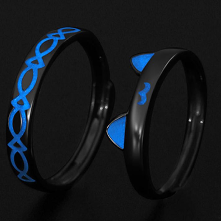 S925 Sterling Silver Cat Couple Glow-in-the-Dark Rings