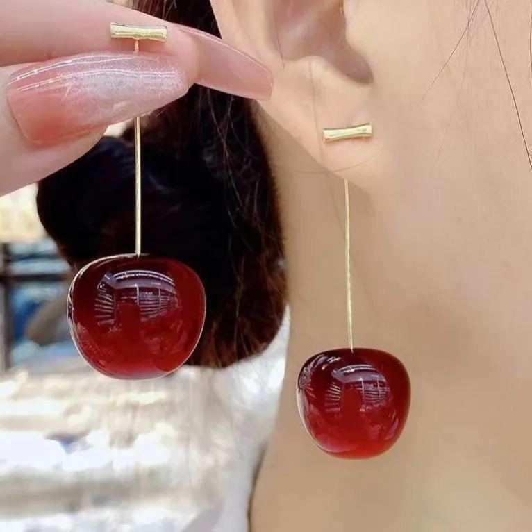 S925 Sterling Silver Cherry Dangle Earrings – Elegant Long Fruit Style Design