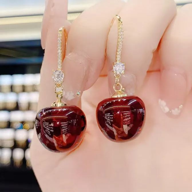 S925 Sterling Silver Cherry Dangle Earrings – Elegant Long Fruit Style Design
