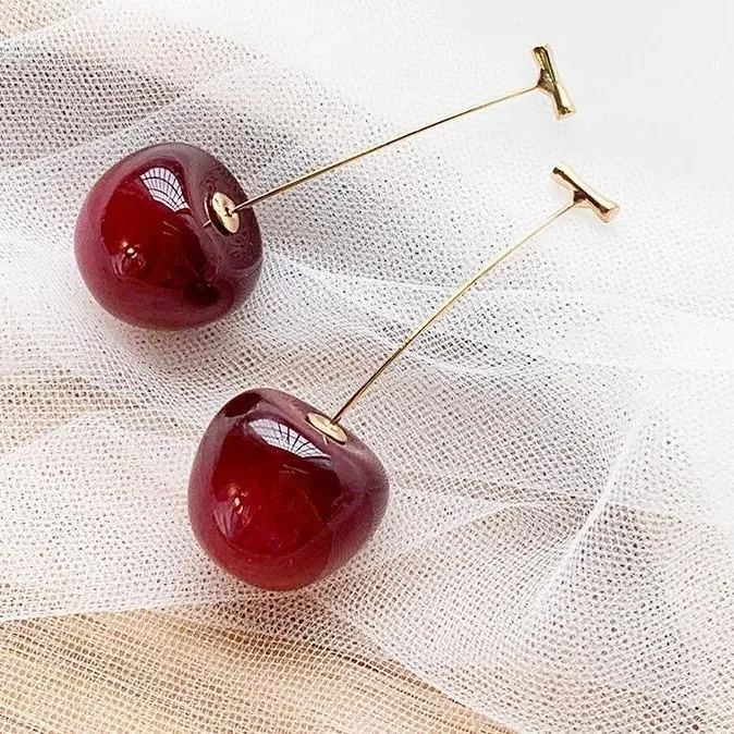 S925 Sterling Silver Cherry Dangle Earrings – Elegant Long Fruit Style Design