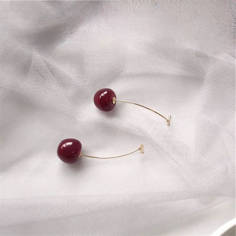S925 Sterling Silver Cherry Dangle Earrings – Elegant Long Fruit Style Design