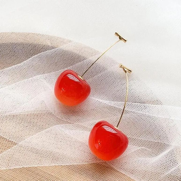 S925 Sterling Silver Cherry Dangle Earrings – Elegant Long Fruit Style Design