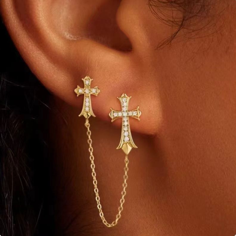 Creative Cross Zircon Earrings – Brass with Real Gold Plating