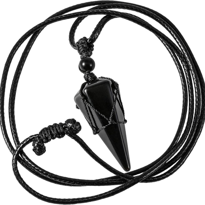 Natural Obsidian Hexagonal Point Pendant Necklace with Handwoven Net