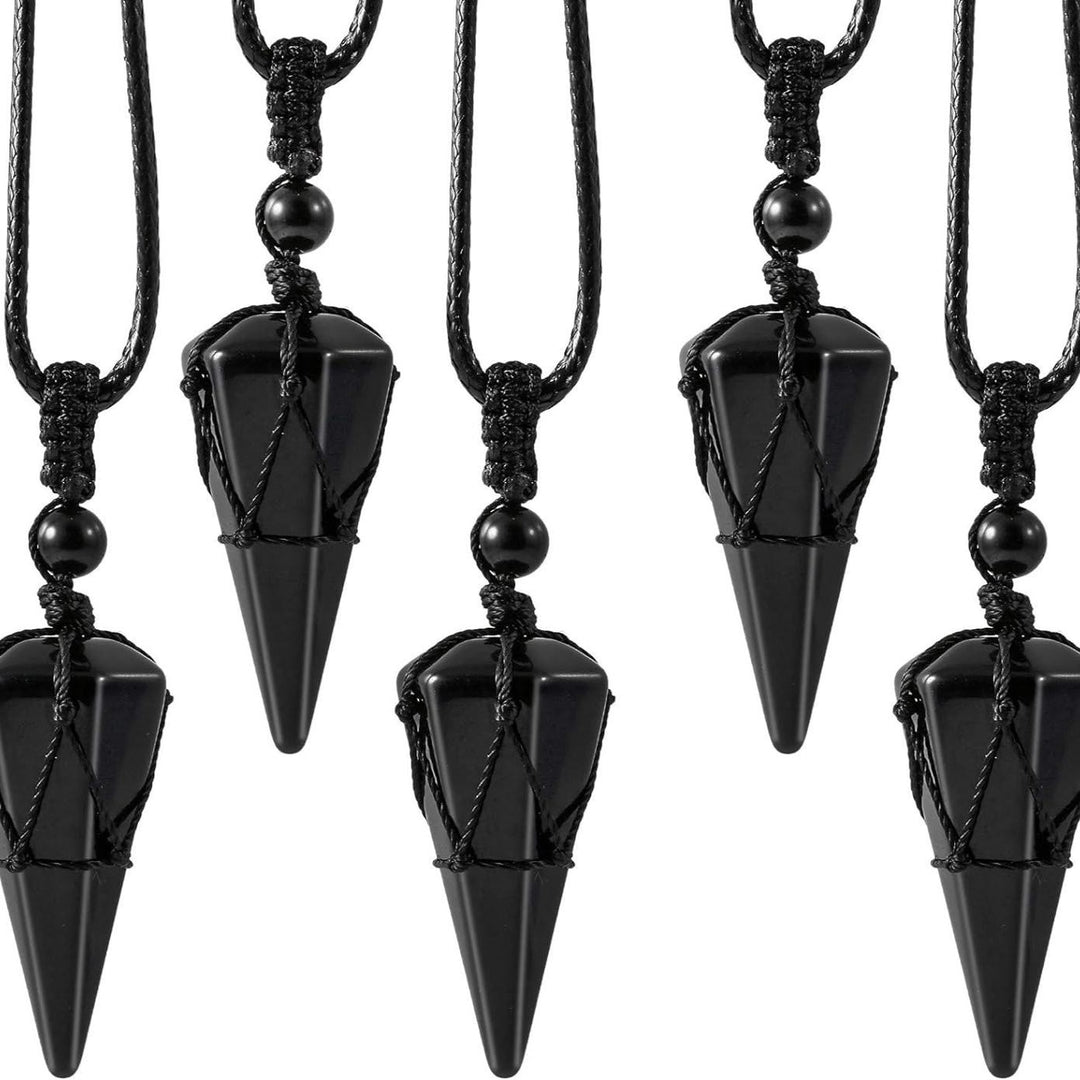 Natural Obsidian Hexagonal Point Pendant Necklace with Handwoven Net