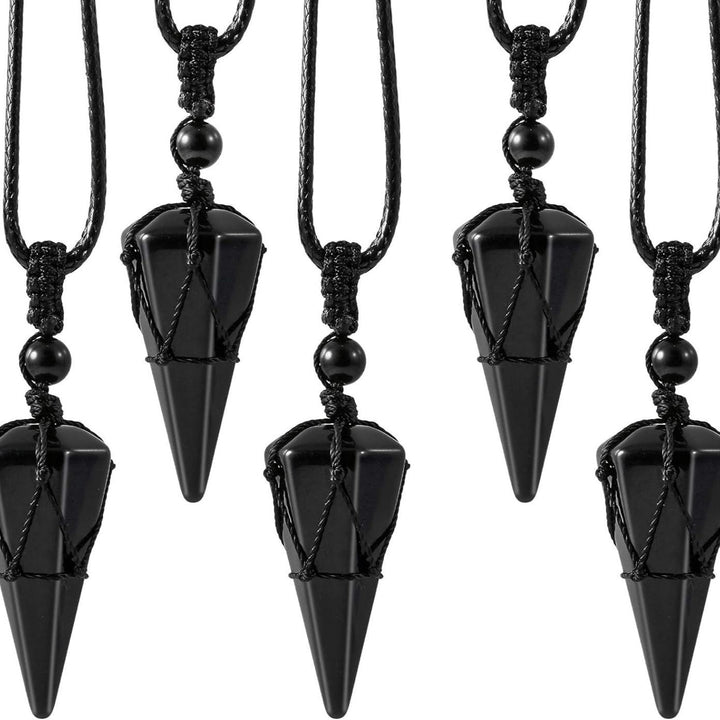 Natural Obsidian Hexagonal Point Pendant Necklace with Handwoven Net