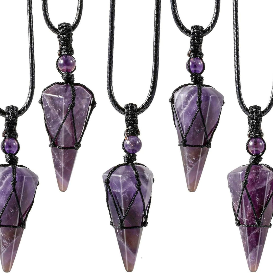 Natural Obsidian Hexagonal Point Pendant Necklace with Handwoven Net